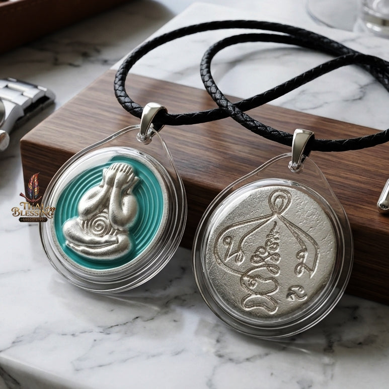 Sacred Phra Pidta Mat Kradum Silver-Plated Enamelled Bronze Amulet by Ajarn Plian Hathayanon 2025 for Wealth Attraction and Absolute Protection