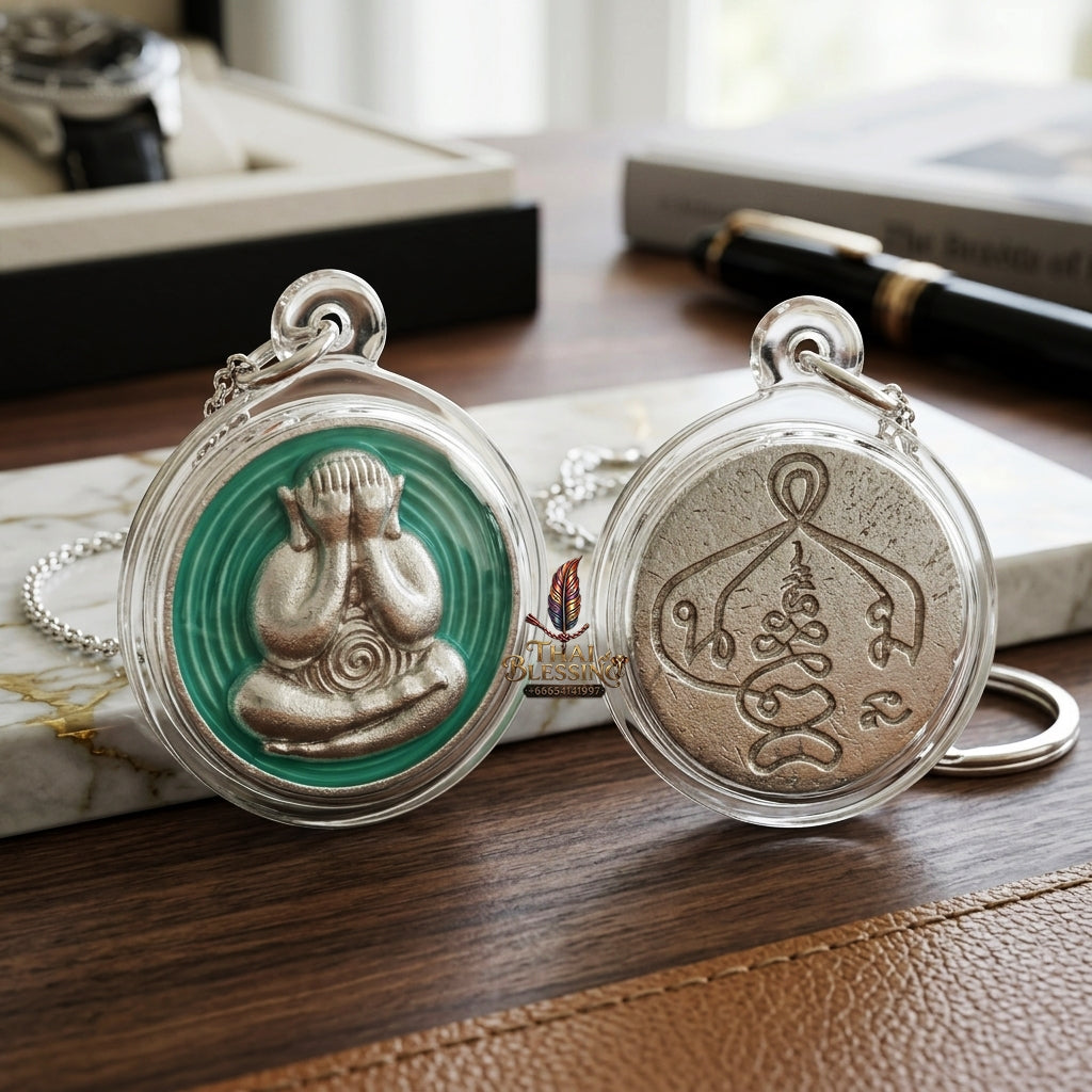 Sacred Phra Pidta Mat Kradum Silver-Plated Enamelled Bronze Amulet by Ajarn Plian Hathayanon 2025 for Wealth Attraction and Absolute Protection