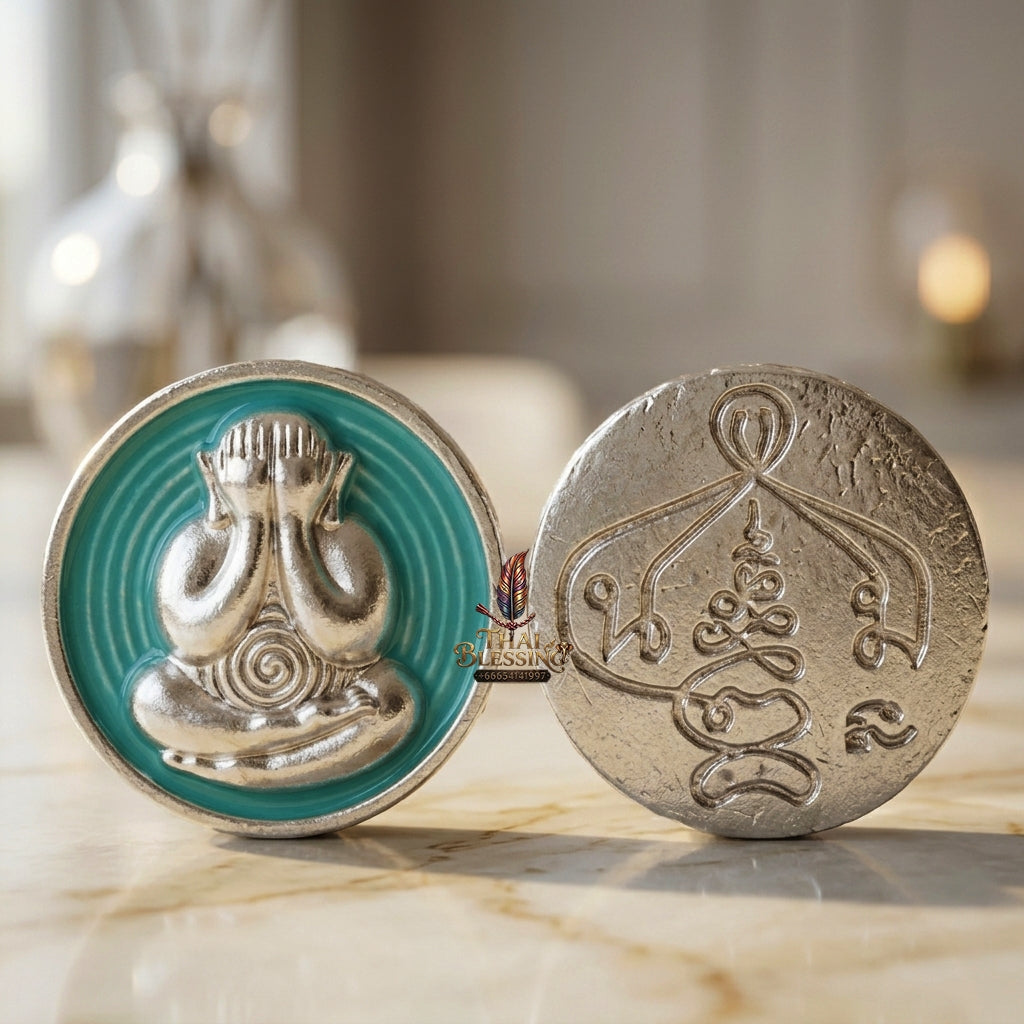 Sacred Phra Pidta Mat Kradum Silver-Plated Enamelled Bronze Amulet by Ajarn Plian Hathayanon 2025 for Wealth Attraction and Absolute Protection