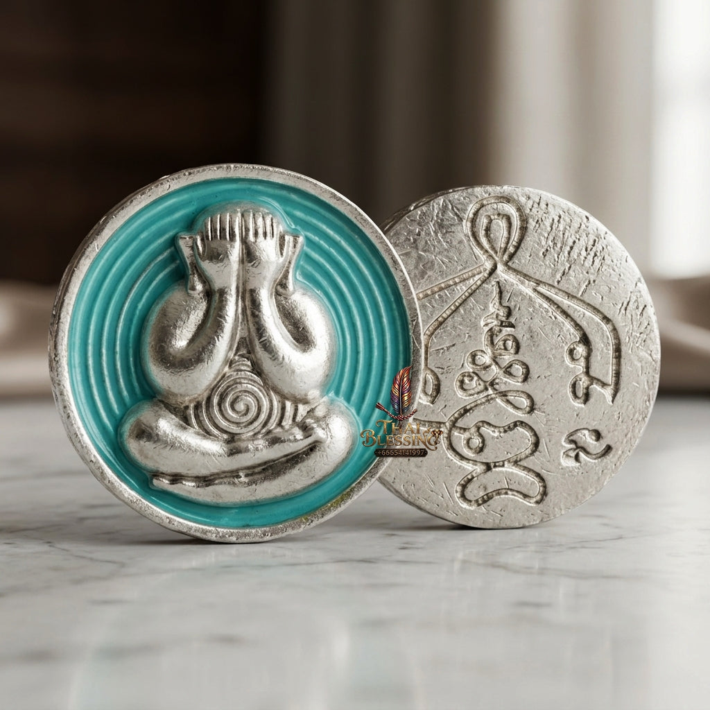 Sacred Phra Pidta Mat Kradum Silver-Plated Enamelled Bronze Amulet by Ajarn Plian Hathayanon 2025 for Wealth Attraction and Absolute Protection