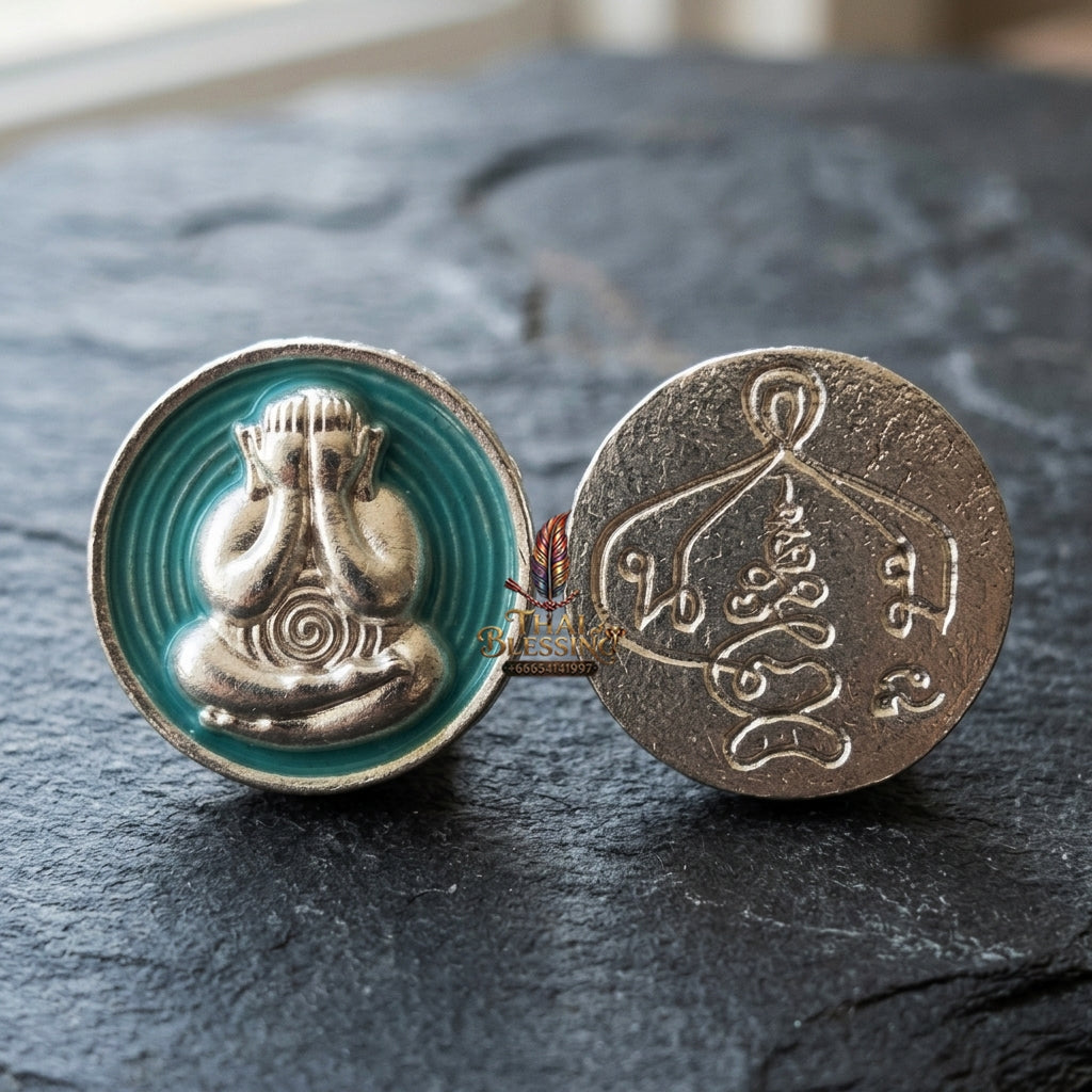 Sacred Phra Pidta Mat Kradum Silver-Plated Enamelled Bronze Amulet by Ajarn Plian Hathayanon 2025 for Wealth Attraction and Absolute Protection
