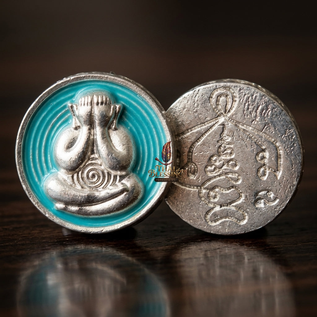 Sacred Phra Pidta Mat Kradum Silver-Plated Enamelled Bronze Amulet by Ajarn Plian Hathayanon 2025 for Wealth Attraction and Absolute Protection