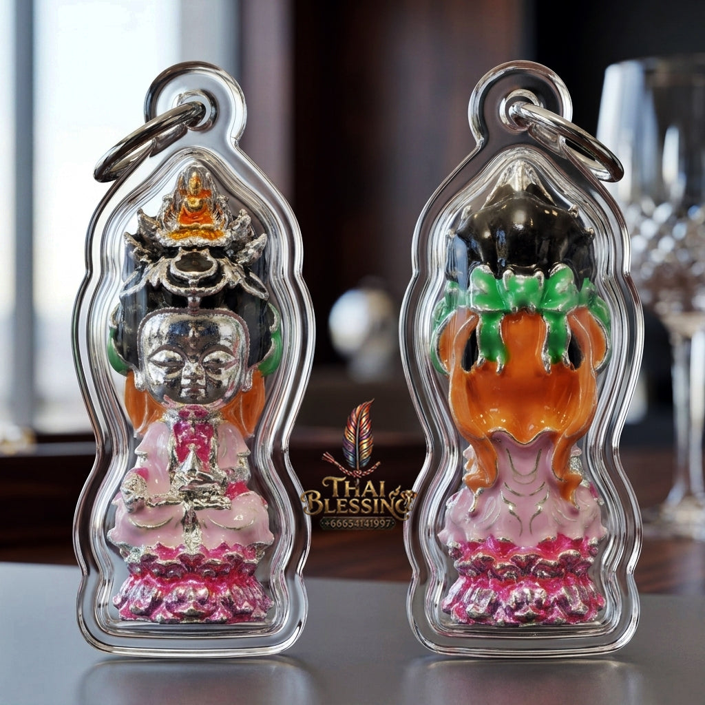 Sacred "Guanyin Noi Roi Lan" (Miniature Millionaire Guanyin) Silver-Plated & Enamelled Bronze Amulet by Phra Ajarn Amnat, Mahaveero Meditation Hermitage 2026 for Infinite Compassion, Business Prosperity, and Wealth Attraction