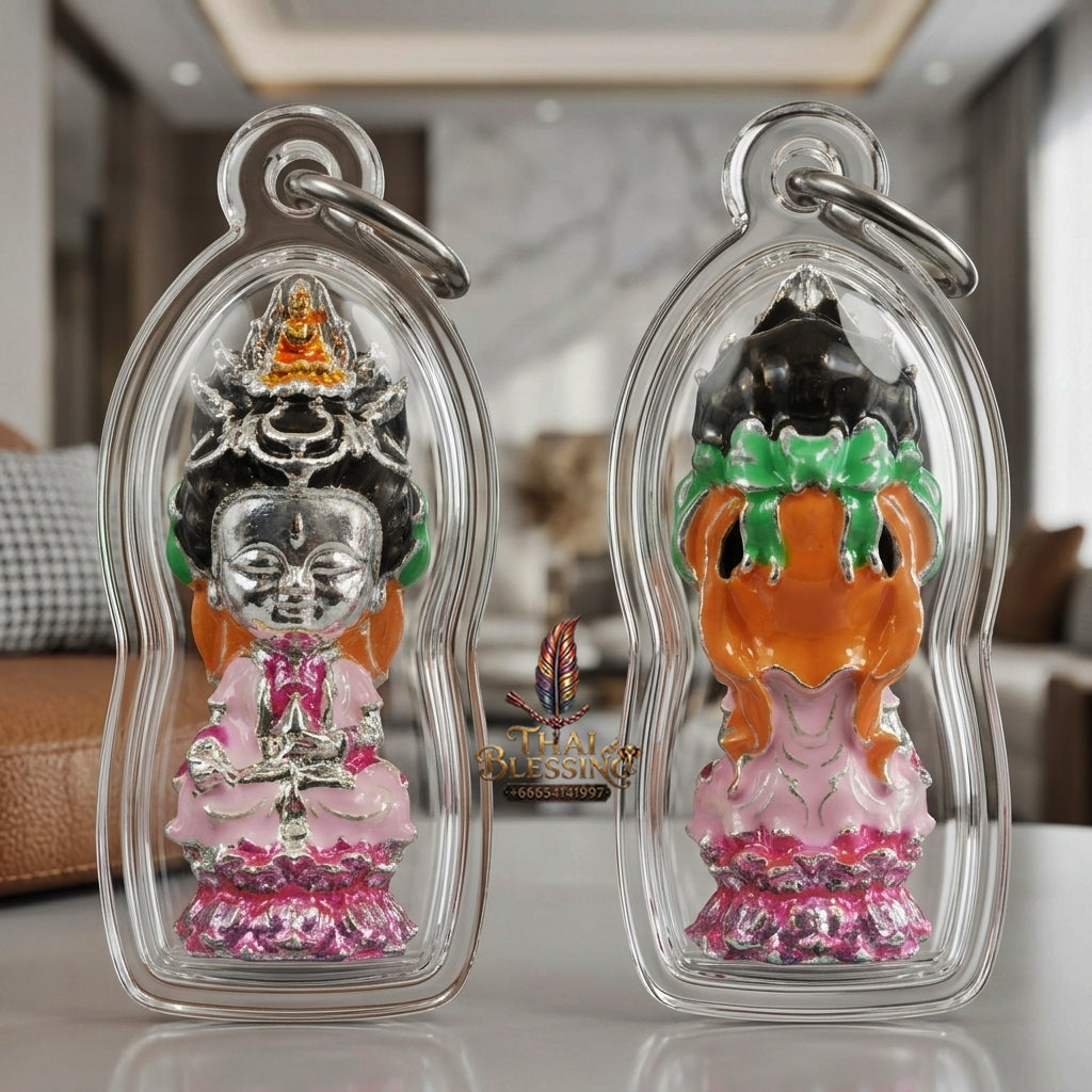 Sacred "Guanyin Noi Roi Lan" (Miniature Millionaire Guanyin) Silver-Plated & Enamelled Bronze Amulet by Phra Ajarn Amnat, Mahaveero Meditation Hermitage 2026 for Infinite Compassion, Business Prosperity, and Wealth Attraction
