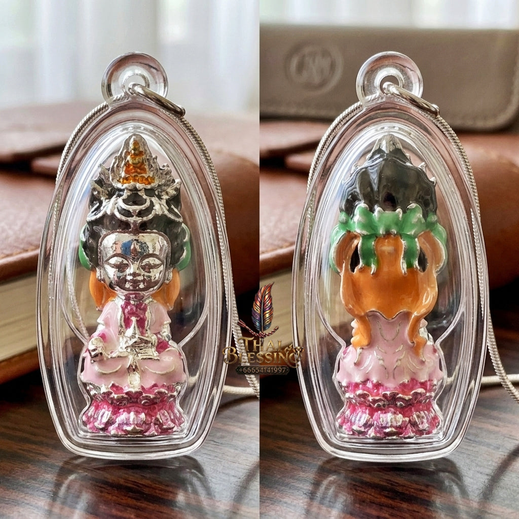 Sacred "Guanyin Noi Roi Lan" (Miniature Millionaire Guanyin) Silver-Plated & Enamelled Bronze Amulet by Phra Ajarn Amnat, Mahaveero Meditation Hermitage 2026 for Infinite Compassion, Business Prosperity, and Wealth Attraction