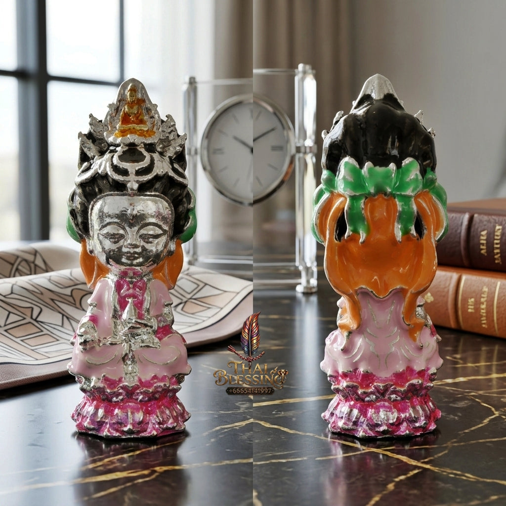 Sacred "Guanyin Noi Roi Lan" (Miniature Millionaire Guanyin) Silver-Plated & Enamelled Bronze Amulet by Phra Ajarn Amnat, Mahaveero Meditation Hermitage 2026 for Infinite Compassion, Business Prosperity, and Wealth Attraction