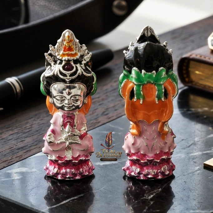 Sacred "Guanyin Noi Roi Lan" (Miniature Millionaire Guanyin) Silver-Plated & Enamelled Bronze Amulet by Phra Ajarn Amnat, Mahaveero Meditation Hermitage 2026 for Infinite Compassion, Business Prosperity, and Wealth Attraction