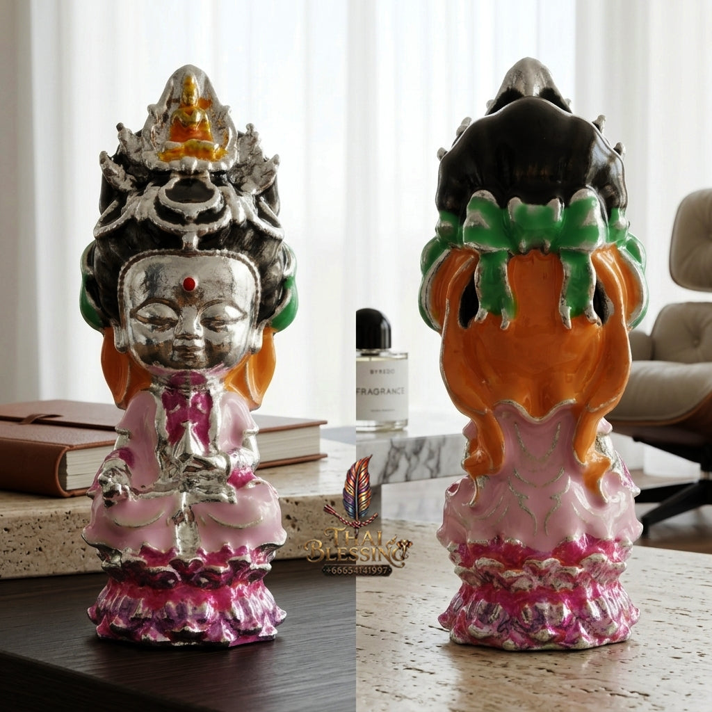 Sacred "Guanyin Noi Roi Lan" (Miniature Millionaire Guanyin) Silver-Plated & Enamelled Bronze Amulet by Phra Ajarn Amnat, Mahaveero Meditation Hermitage 2026 for Infinite Compassion, Business Prosperity, and Wealth Attraction