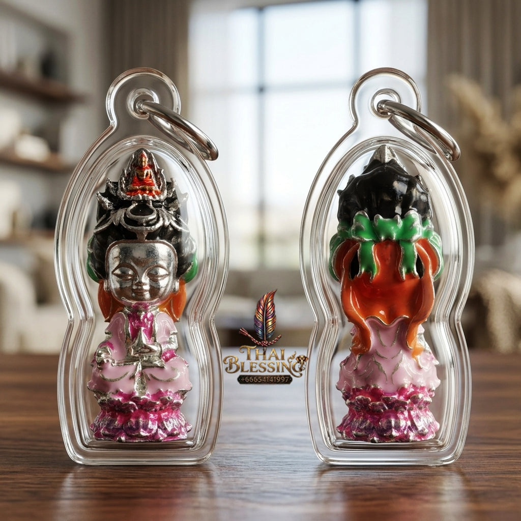 Sacred "Guanyin Noi Roi Lan" (Miniature Millionaire Guanyin) Silver-Plated & Enamelled Bronze Amulet by Phra Ajarn Amnat, Mahaveero Meditation Hermitage 2026 for Infinite Compassion, Business Prosperity, and Wealth Attraction
