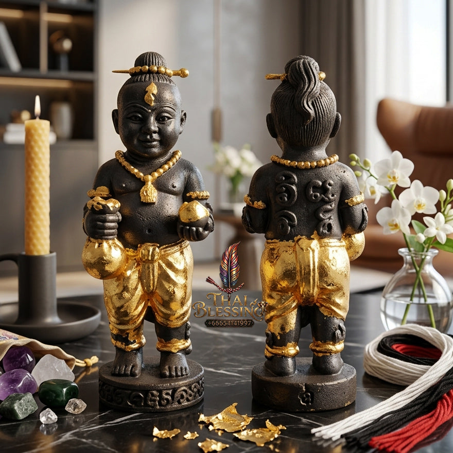 ✨ "Kuman Ngoen Lai Ma" (Money-Flowing Golden Kuman Boy) - Gold-Foil Covered Samrit Bronze Edition The Sovereign Masterpiece of Wealth Attraction, Unstoppable Trade Prosperity, and Fortunate Blessings!