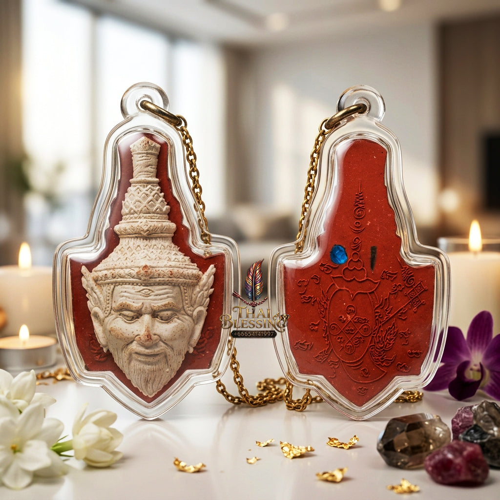 ✨ "Sian Phra Rue Si Ta Fire" (Hermit Ta Fai Crown / Rishi Third-Eye Hermit) - Red Herb Powder with White Face, Embedded Takrut & Gemstones,