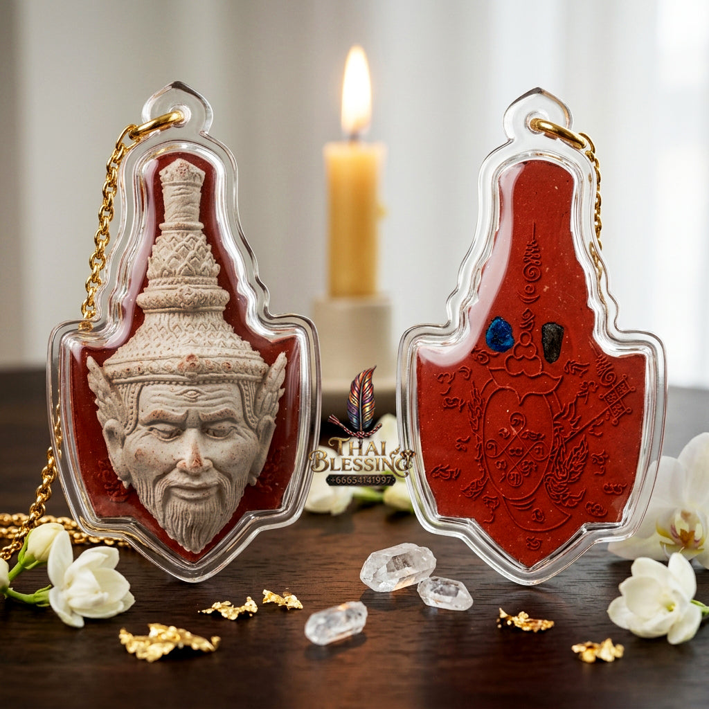 ✨ "Sian Phra Rue Si Ta Fire" (Hermit Ta Fai Crown / Rishi Third-Eye Hermit) - Red Herb Powder with White Face, Embedded Takrut & Gemstones,