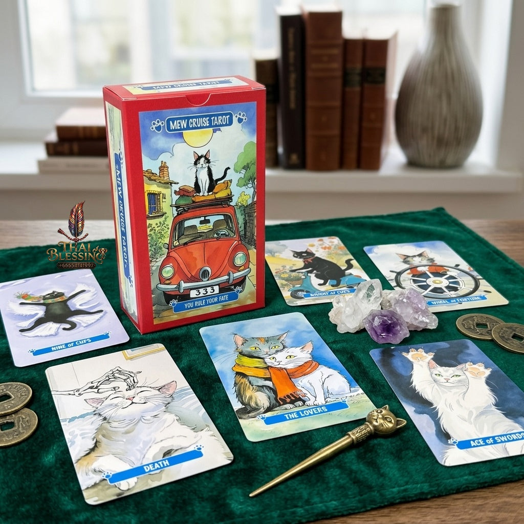 ✨ Mew Cruise Tarot Cards 10.3x6cm - 78-Card Pocket-Sized Deck with Cute Cat Watercolor Artwork, "You Rule Your Fate" Mantra, and Vibrant Red Box