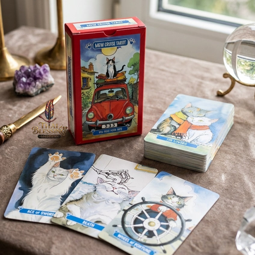 ✨ Mew Cruise Tarot Cards 10.3x6cm - 78-Card Pocket-Sized Deck with Cute Cat Watercolor Artwork, "You Rule Your Fate" Mantra, and Vibrant Red Box