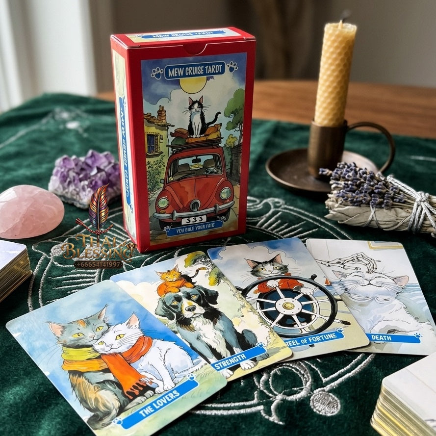 ✨ Mew Cruise Tarot Cards 10.3x6cm - 78-Card Pocket-Sized Deck with Cute Cat Watercolor Artwork, "You Rule Your Fate" Mantra, and Vibrant Red Box