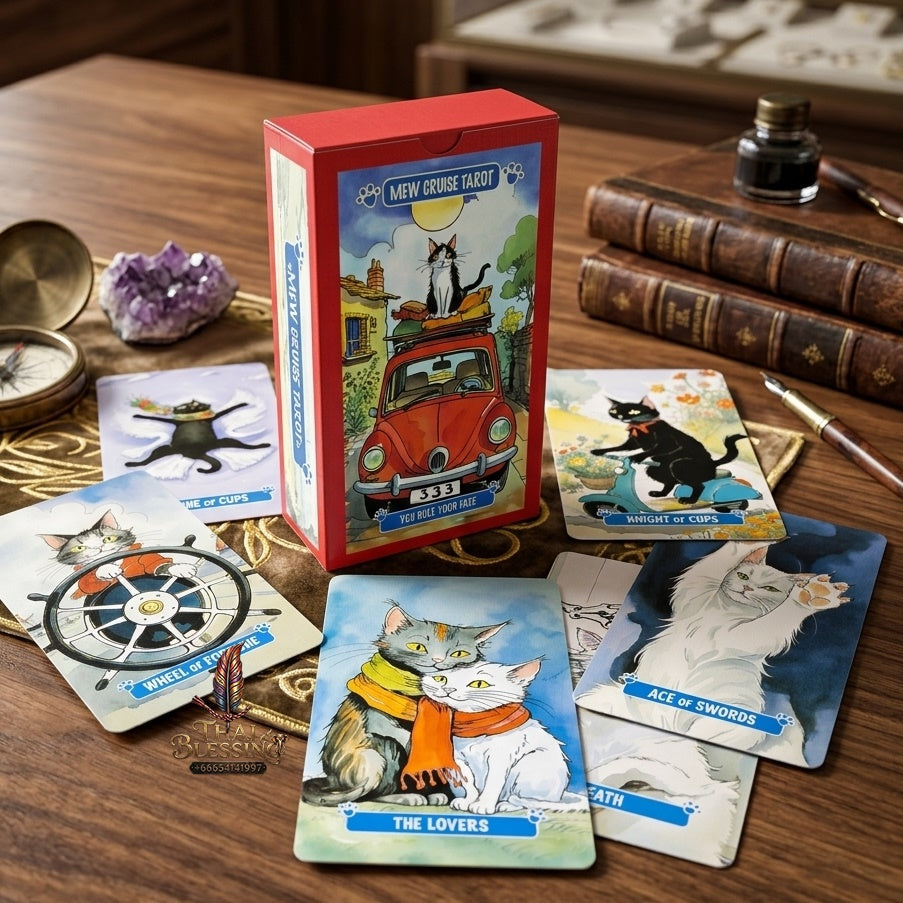 ✨ Mew Cruise Tarot Cards 10.3x6cm - 78-Card Pocket-Sized Deck with Cute Cat Watercolor Artwork, "You Rule Your Fate" Mantra, and Vibrant Red Box