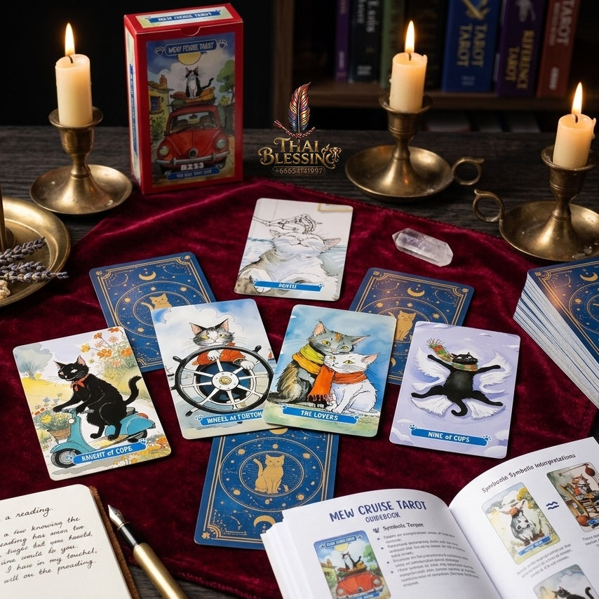 ✨ Mew Cruise Tarot Cards 10.3x6cm - 78-Card Pocket-Sized Deck with Cute Cat Watercolor Artwork, "You Rule Your Fate" Mantra, and Vibrant Red Box