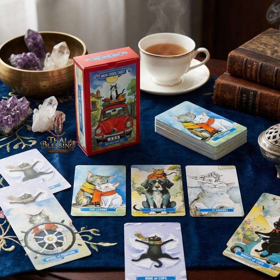 ✨ Mew Cruise Tarot Cards 10.3x6cm - 78-Card Pocket-Sized Deck with Cute Cat Watercolor Artwork, "You Rule Your Fate" Mantra, and Vibrant Red Box
