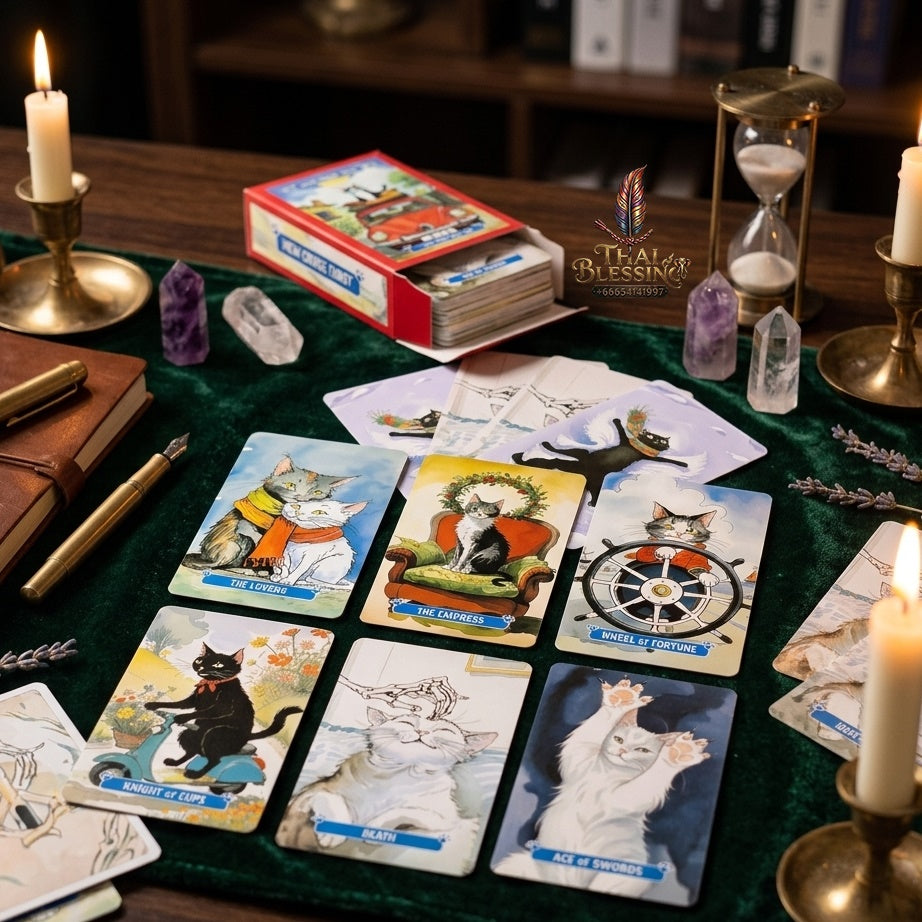 ✨ Mew Cruise Tarot Cards 10.3x6cm - 78-Card Pocket-Sized Deck with Cute Cat Watercolor Artwork, "You Rule Your Fate" Mantra, and Vibrant Red Box