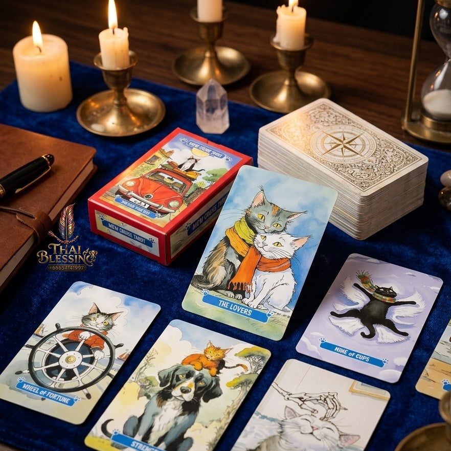 ✨ Mew Cruise Tarot Cards 10.3x6cm - 78-Card Pocket-Sized Deck with Cute Cat Watercolor Artwork, "You Rule Your Fate" Mantra, and Vibrant Red Box