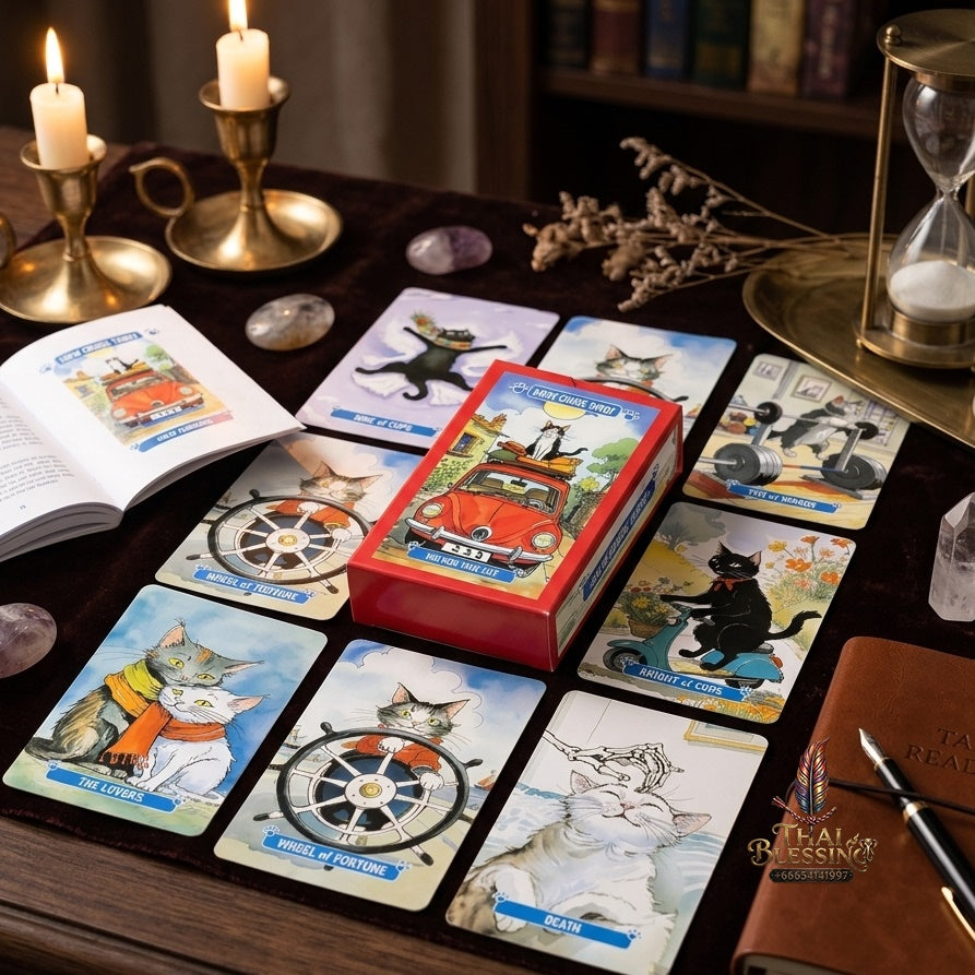✨ Mew Cruise Tarot Cards 10.3x6cm - 78-Card Pocket-Sized Deck with Cute Cat Watercolor Artwork, "You Rule Your Fate" Mantra, and Vibrant Red Box