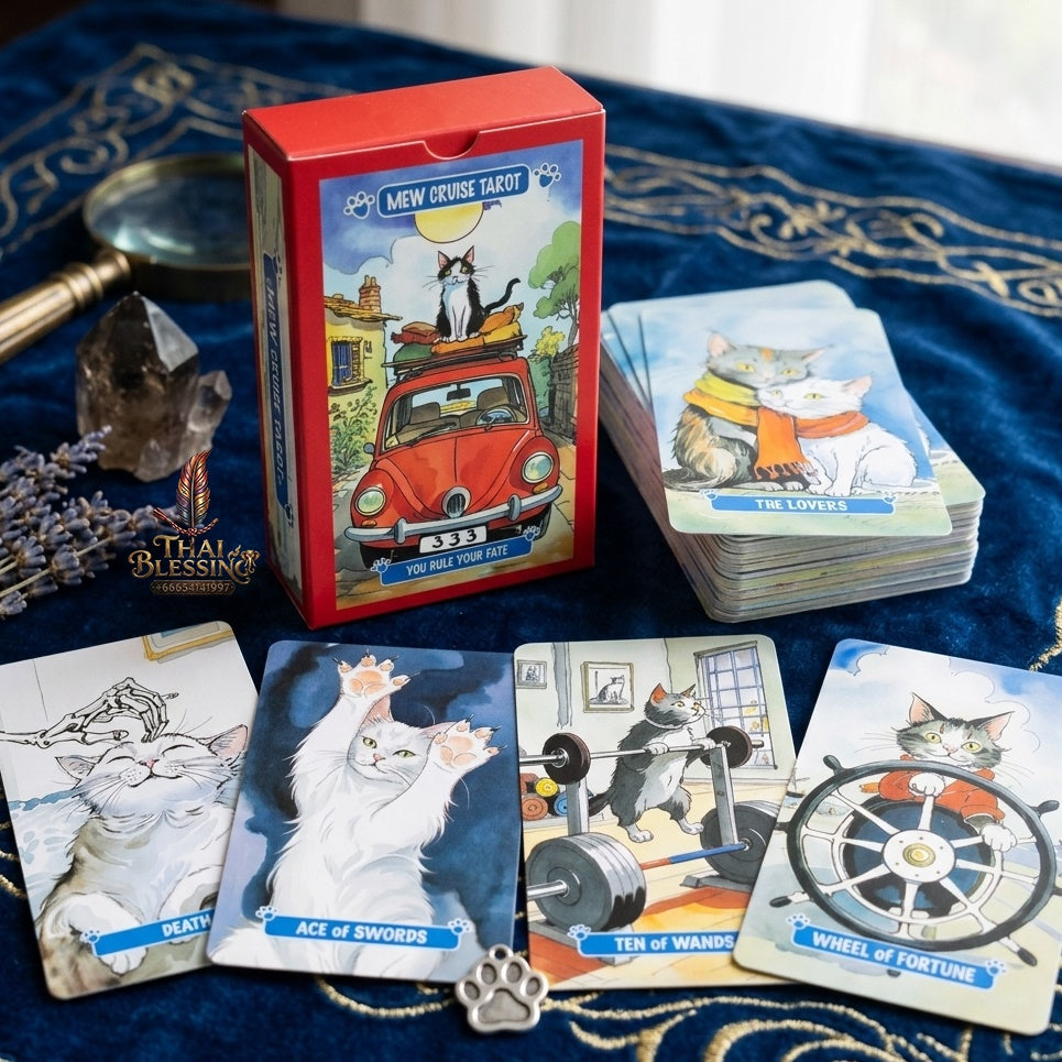 ✨ Mew Cruise Tarot Cards 10.3x6cm - 78-Card Pocket-Sized Deck with Cute Cat Watercolor Artwork, "You Rule Your Fate" Mantra, and Vibrant Red Box