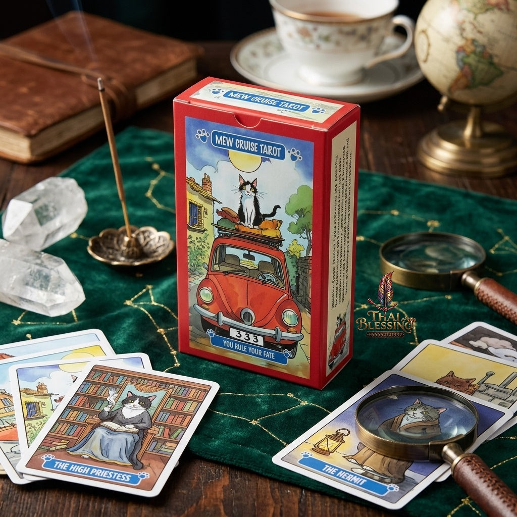 ✨ Mew Cruise Tarot Cards 10.3x6cm - 78-Card Pocket-Sized Deck with Cute Cat Watercolor Artwork, "You Rule Your Fate" Mantra, and Vibrant Red Box