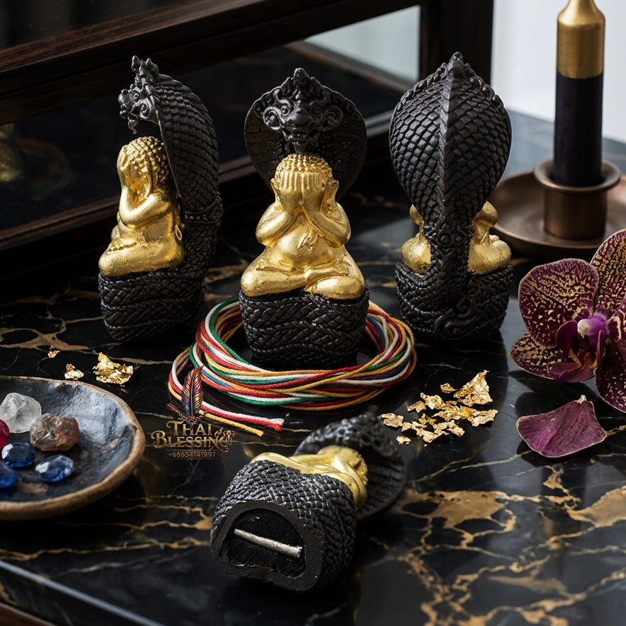 ✨ "Phra Pidta Nakharat" (Naga-Protected Pidta Buddha) - Gold-Foil Covered Samrit Bronze Edition, "Mongkhon Nakharat"
