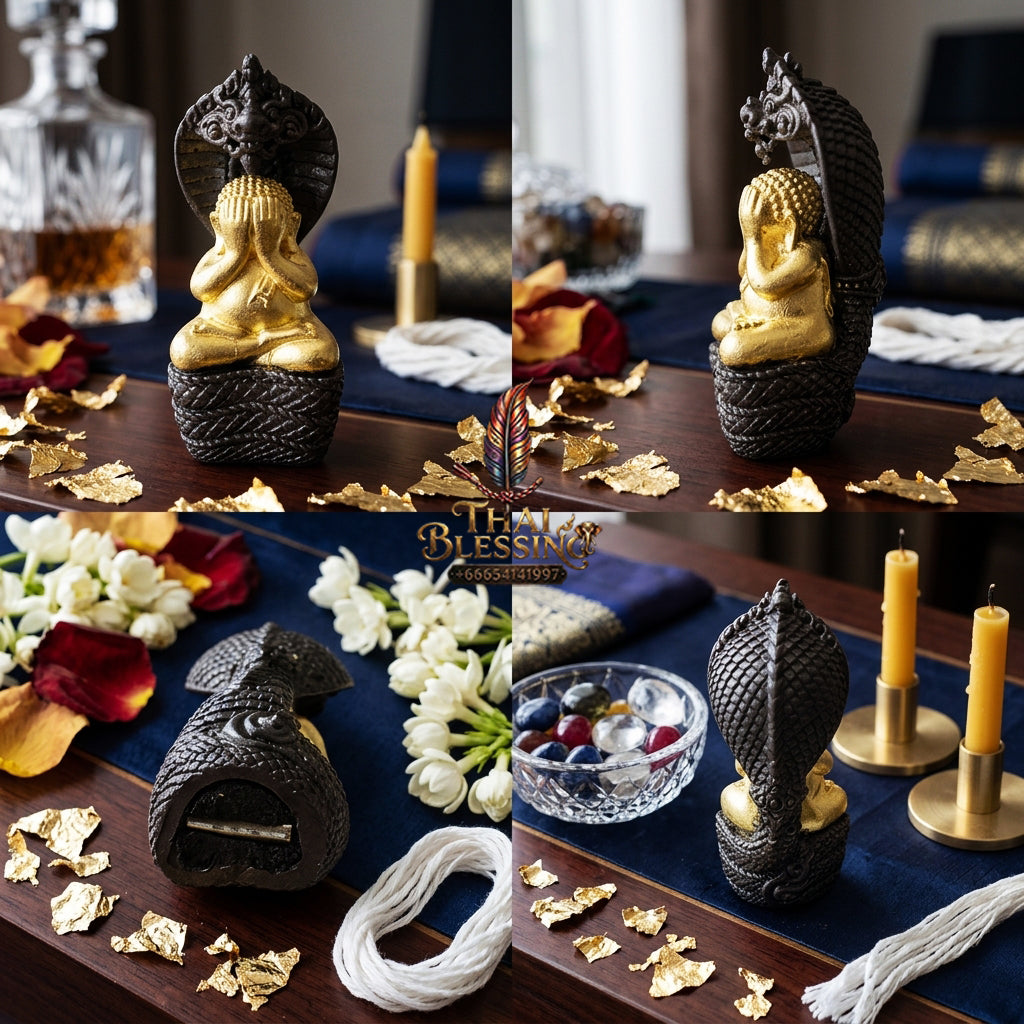 ✨ "Phra Pidta Nakharat" (Naga-Protected Pidta Buddha) - Gold-Foil Covered Samrit Bronze Edition, "Mongkhon Nakharat"