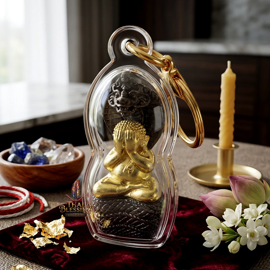 ✨ "Phra Pidta Nakharat" (Naga-Protected Pidta Buddha) - Gold-Foil Covered Samrit Bronze Edition, "Mongkhon Nakharat"