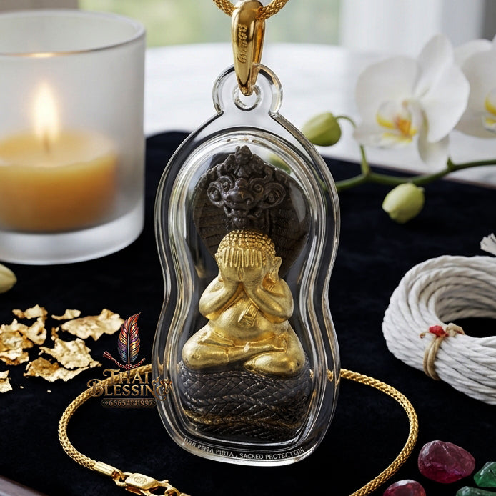 ✨ "Phra Pidta Nakharat" (Naga-Protected Pidta Buddha) - Gold-Foil Covered Samrit Bronze Edition, "Mongkhon Nakharat"