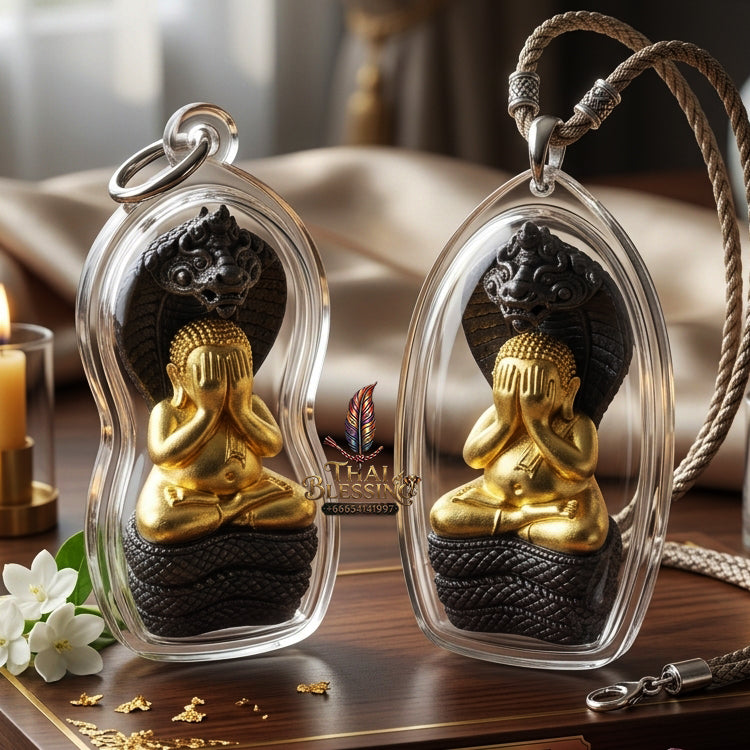 ✨ "Phra Pidta Nakharat" (Naga-Protected Pidta Buddha) - Gold-Foil Covered Samrit Bronze Edition, "Mongkhon Nakharat"