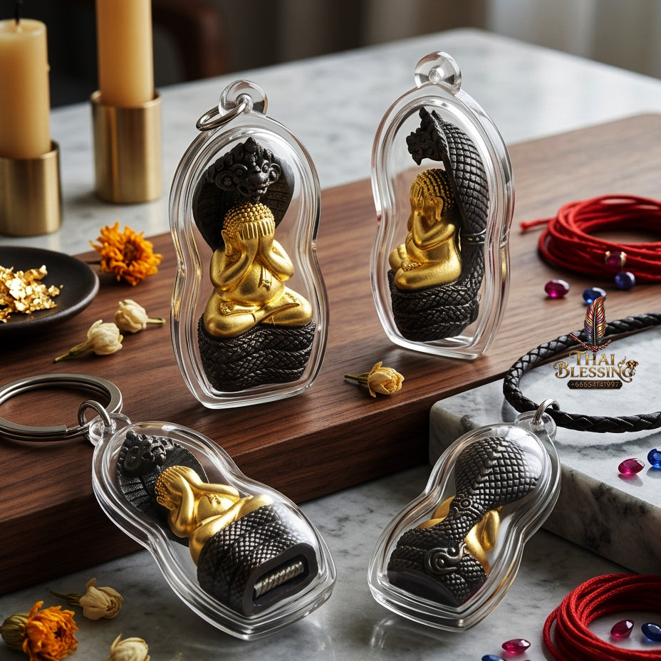 ✨ "Phra Pidta Nakharat" (Naga-Protected Pidta Buddha) - Gold-Foil Covered Samrit Bronze Edition, "Mongkhon Nakharat"