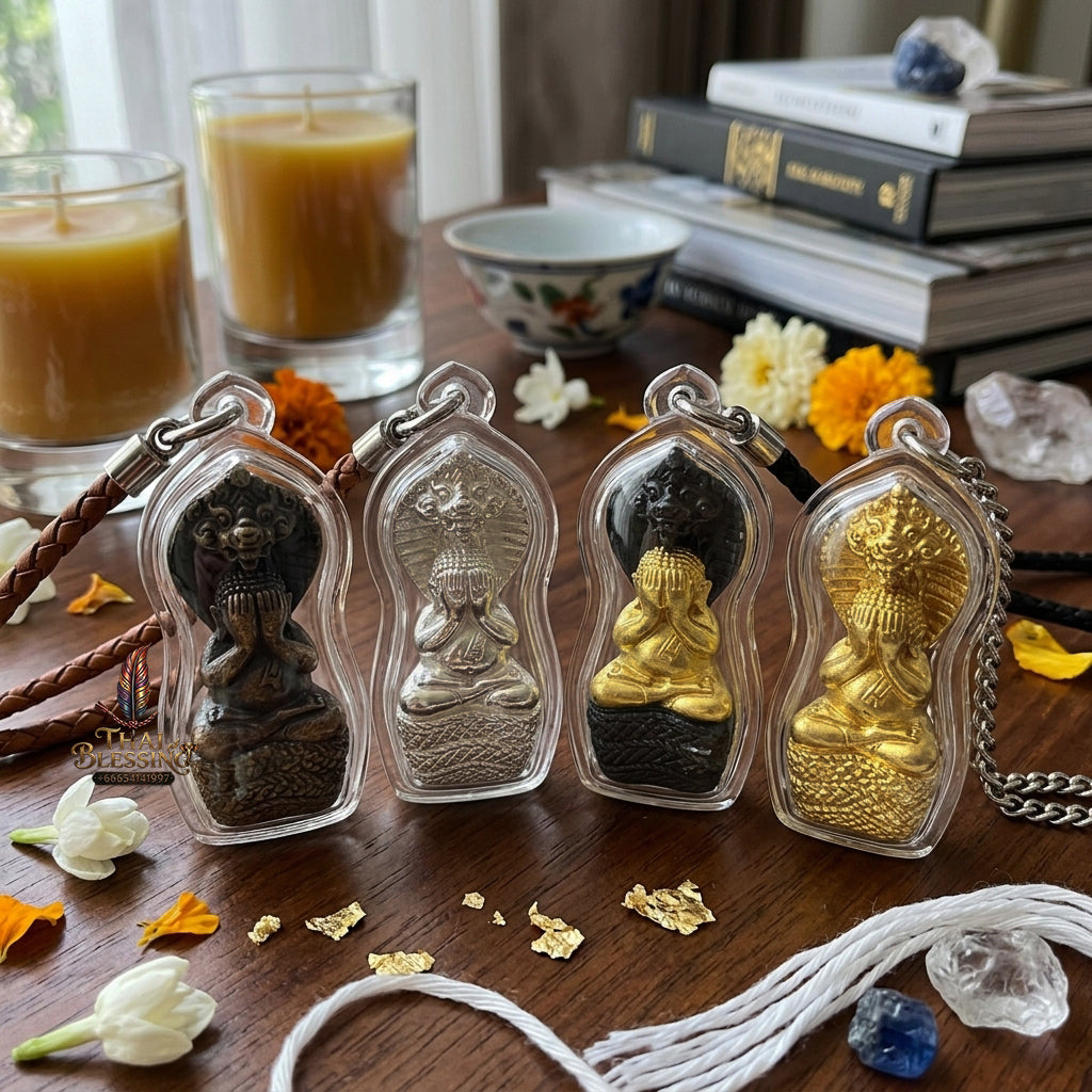 ✨ "Phra Pidta Nakharat" (Naga-Protected Pidta Buddha) - Gold-Foil Covered Samrit Bronze Edition, "Mongkhon Nakharat"