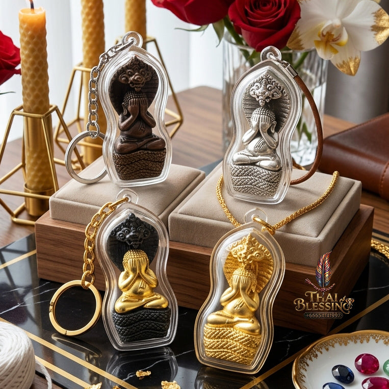 ✨ "Phra Pidta Nakharat" (Naga-Protected Pidta Buddha) - Gold-Foil Covered Samrit Bronze Edition, "Mongkhon Nakharat"