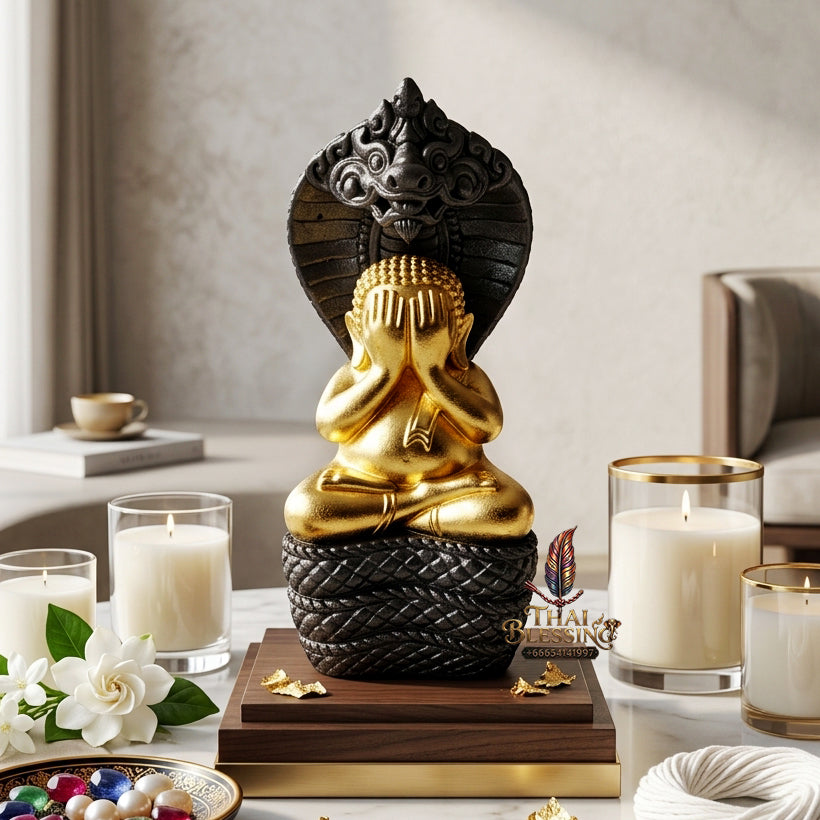 ✨ "Phra Pidta Nakharat" (Naga-Protected Pidta Buddha) - Gold-Foil Covered Samrit Bronze Edition, "Mongkhon Nakharat"