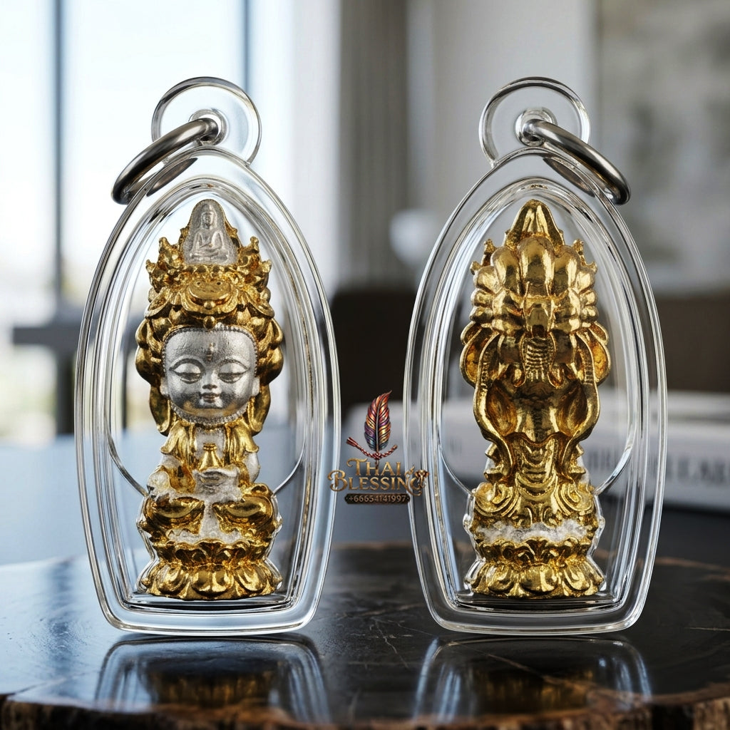 Sacred "Guanyin Noi Roi Lan" (Miniature Millionaire Guanyin) 2K-Plated Bronze Amulet by Phra Ajarn Amnat, Mahaveero Meditation Hermitage 2026 for Infinite Compassion, Business Prosperity, and Wealth Attraction