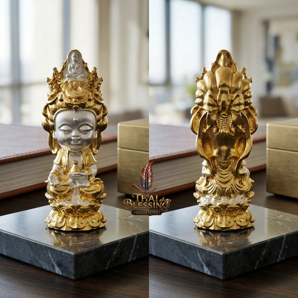 Sacred "Guanyin Noi Roi Lan" (Miniature Millionaire Guanyin) 2K-Plated Bronze Amulet by Phra Ajarn Amnat, Mahaveero Meditation Hermitage 2026 for Infinite Compassion, Business Prosperity, and Wealth Attraction