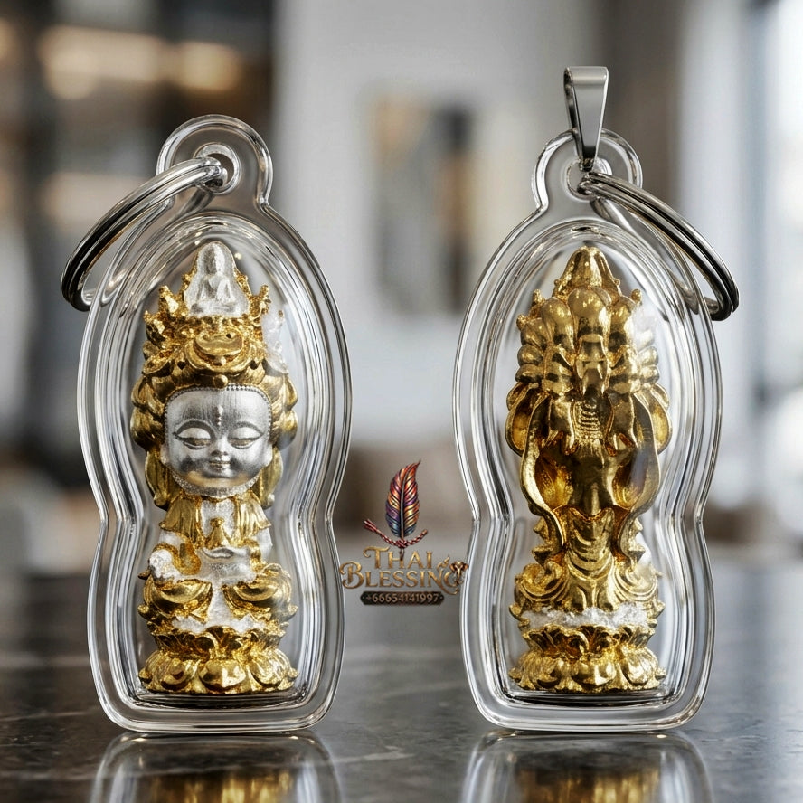 Sacred "Guanyin Noi Roi Lan" (Miniature Millionaire Guanyin) 2K-Plated Bronze Amulet by Phra Ajarn Amnat, Mahaveero Meditation Hermitage 2026 for Infinite Compassion, Business Prosperity, and Wealth Attraction