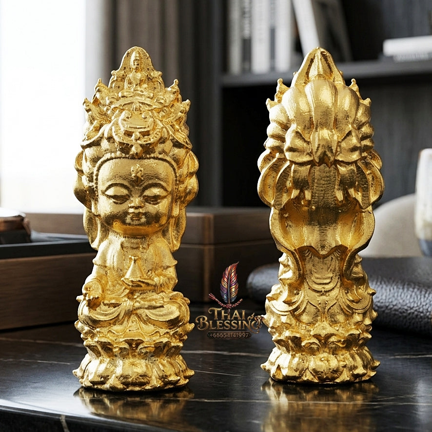 Sacred "Guanyin Noi Roi Lan" (Miniature Millionaire Guanyin) Gold-Plated Bronze Amulet by Phra Ajarn Amnat, Mahaveero Meditation Hermitage 2026 for Infinite Compassion, Business Prosperity, and Wealth Attraction