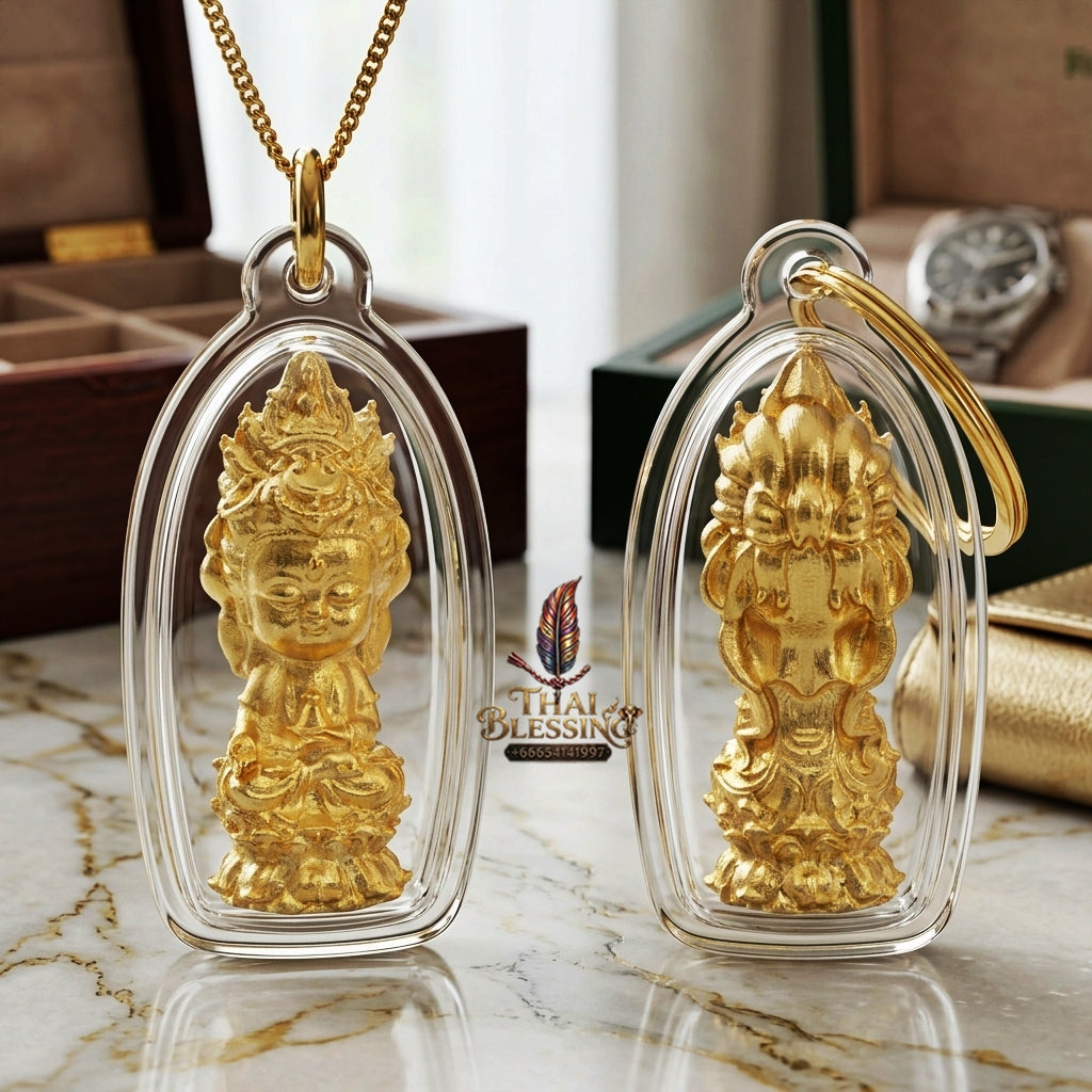 Sacred "Guanyin Noi Roi Lan" (Miniature Millionaire Guanyin) Gold-Plated Bronze Amulet by Phra Ajarn Amnat, Mahaveero Meditation Hermitage 2026 for Infinite Compassion, Business Prosperity, and Wealth Attraction
