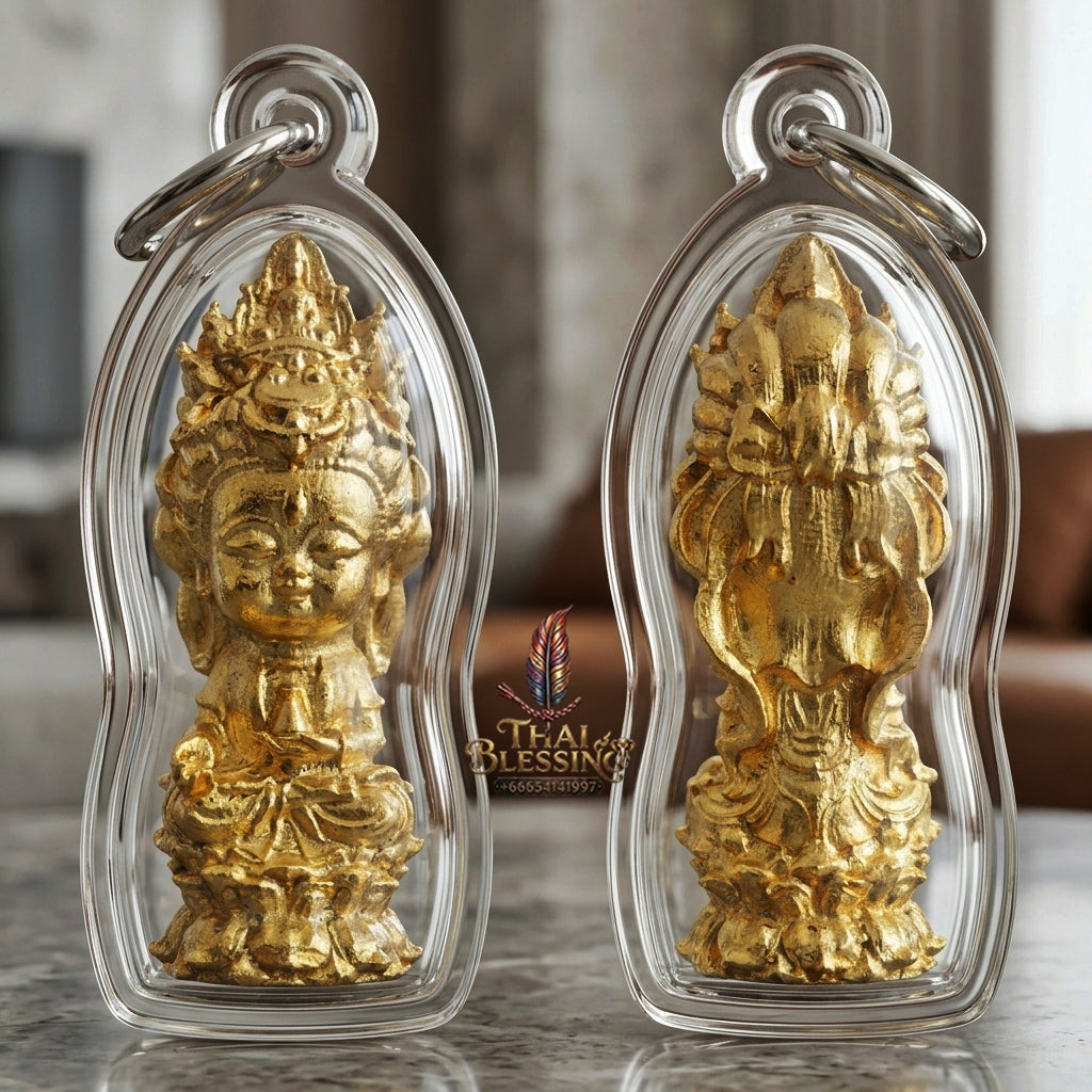 Sacred "Guanyin Noi Roi Lan" (Miniature Millionaire Guanyin) Gold-Plated Bronze Amulet by Phra Ajarn Amnat, Mahaveero Meditation Hermitage 2026 for Infinite Compassion, Business Prosperity, and Wealth Attraction