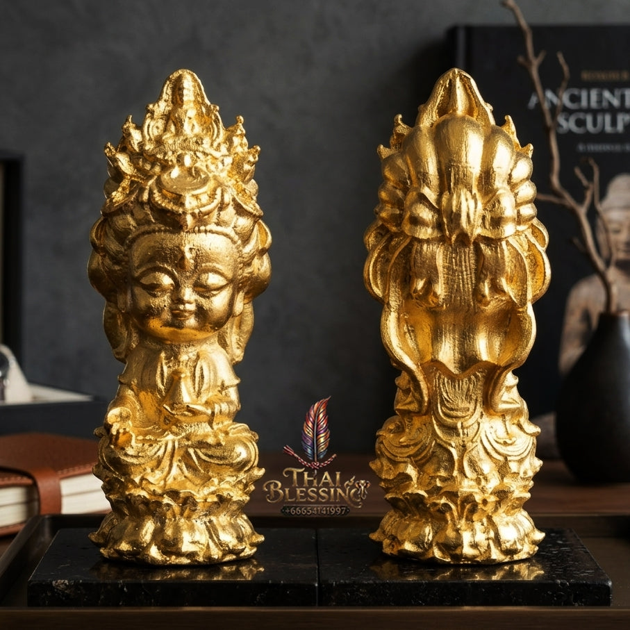 Sacred "Guanyin Noi Roi Lan" (Miniature Millionaire Guanyin) Gold-Plated Bronze Amulet by Phra Ajarn Amnat, Mahaveero Meditation Hermitage 2026 for Infinite Compassion, Business Prosperity, and Wealth Attraction