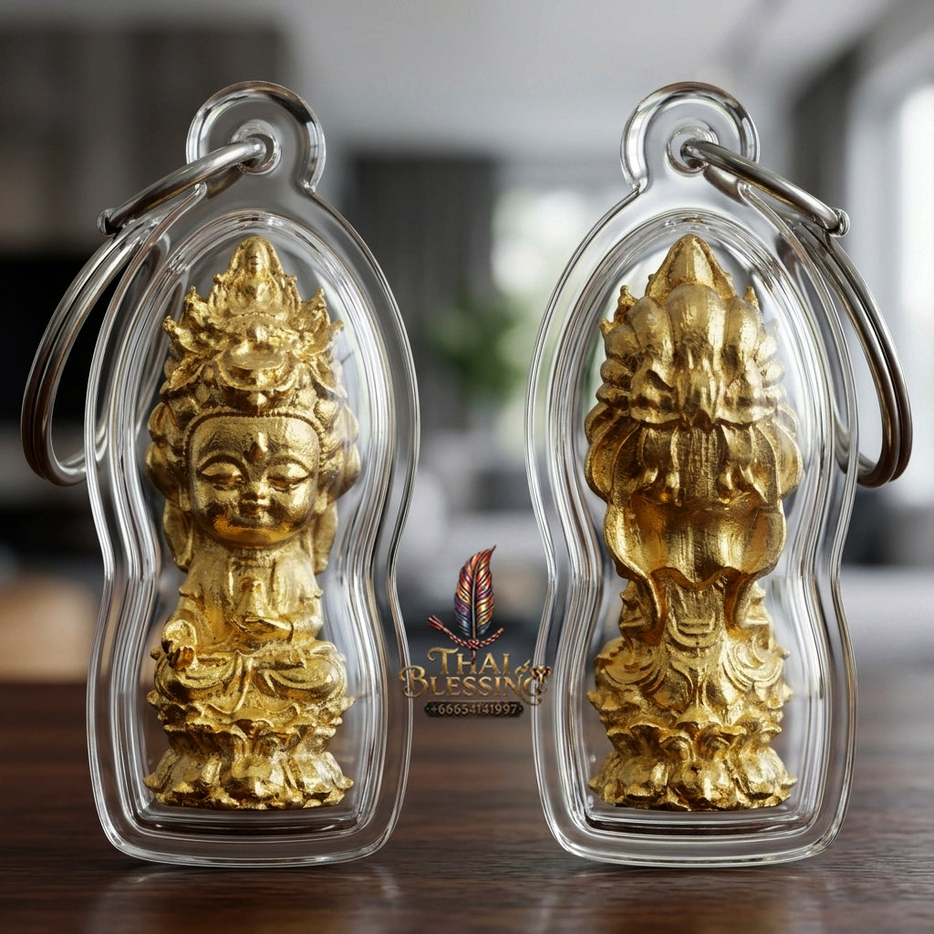 Sacred "Guanyin Noi Roi Lan" (Miniature Millionaire Guanyin) Gold-Plated Bronze Amulet by Phra Ajarn Amnat, Mahaveero Meditation Hermitage 2026 for Infinite Compassion, Business Prosperity, and Wealth Attraction