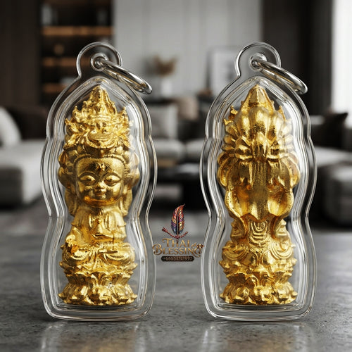 Sacred "Guanyin Noi Roi Lan" (Miniature Millionaire Guanyin) Gold-Plated Bronze Amulet by Phra Ajarn Amnat, Mahaveero Meditation Hermitage 2026 for Infinite Compassion, Business Prosperity, and Wealth Attraction