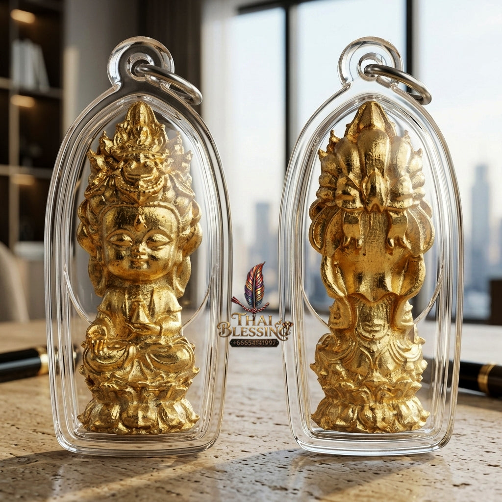 Sacred "Guanyin Noi Roi Lan" (Miniature Millionaire Guanyin) Gold-Plated Bronze Amulet by Phra Ajarn Amnat, Mahaveero Meditation Hermitage 2026 for Infinite Compassion, Business Prosperity, and Wealth Attraction