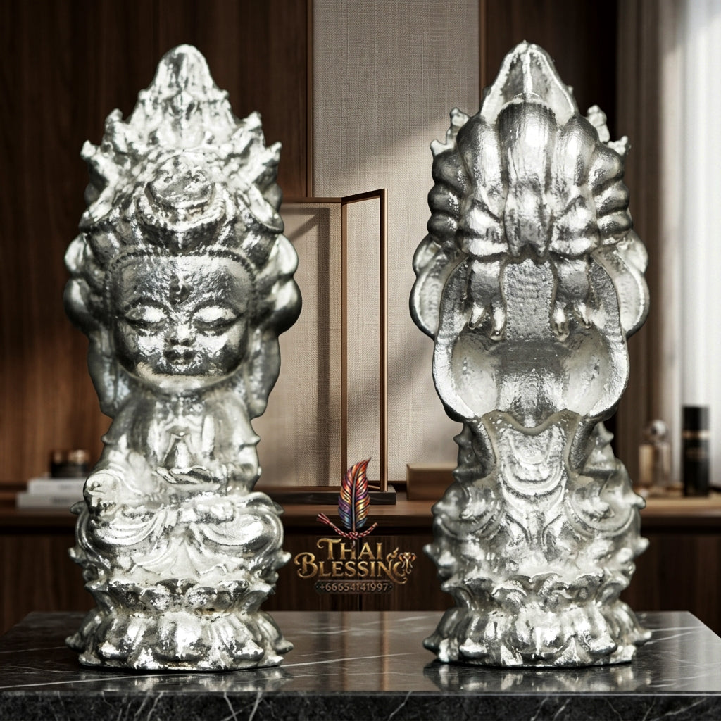 Sacred "Guanyin Noi Roi Lan" (Miniature Millionaire Guanyin) Silver-Plated Bronze Amulet by Phra Ajarn Amnat, Mahaveero Meditation Hermitage 2026 for Infinite Compassion, Business Prosperity, and Wealth Attraction