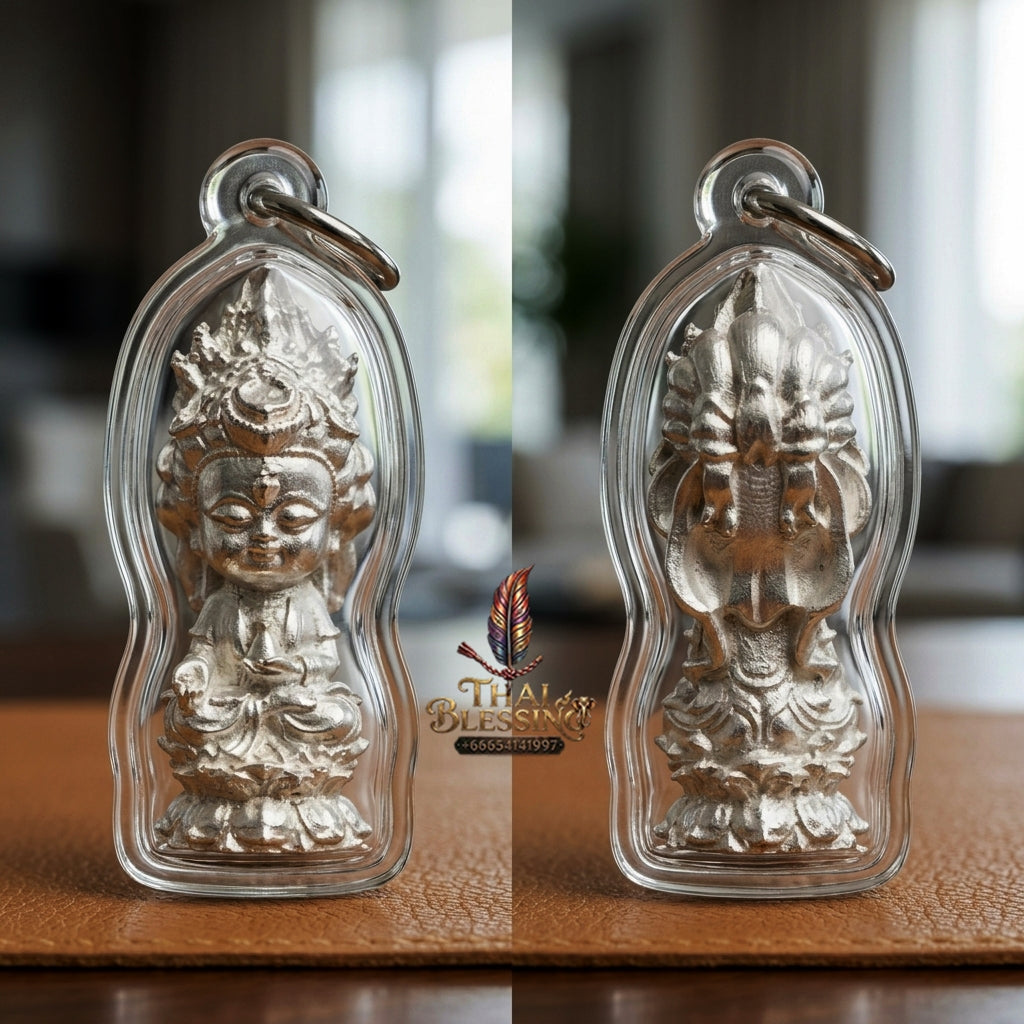 Sacred "Guanyin Noi Roi Lan" (Miniature Millionaire Guanyin) Silver-Plated Bronze Amulet by Phra Ajarn Amnat, Mahaveero Meditation Hermitage 2026 for Infinite Compassion, Business Prosperity, and Wealth Attraction