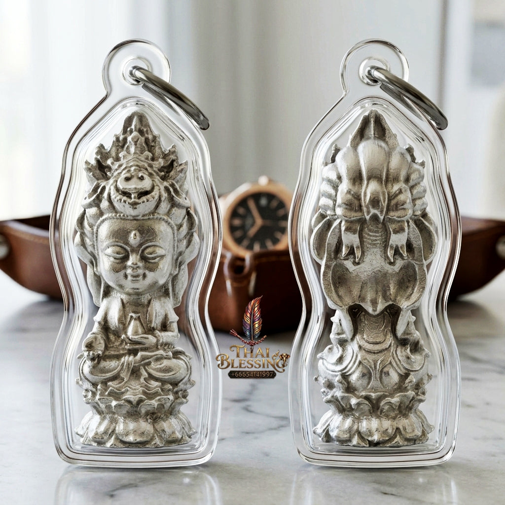 Sacred "Guanyin Noi Roi Lan" (Miniature Millionaire Guanyin) Silver-Plated Bronze Amulet by Phra Ajarn Amnat, Mahaveero Meditation Hermitage 2026 for Infinite Compassion, Business Prosperity, and Wealth Attraction