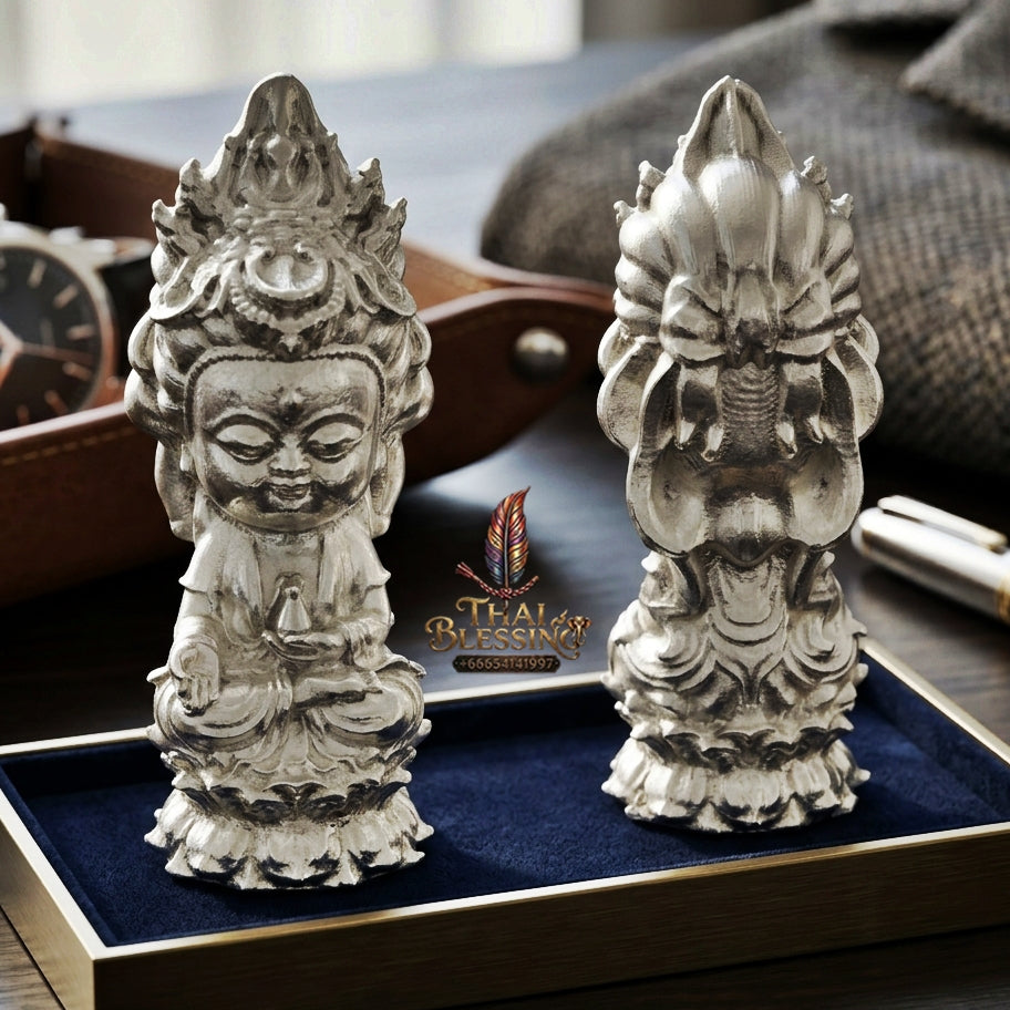 Sacred "Guanyin Noi Roi Lan" (Miniature Millionaire Guanyin) Silver-Plated Bronze Amulet by Phra Ajarn Amnat, Mahaveero Meditation Hermitage 2026 for Infinite Compassion, Business Prosperity, and Wealth Attraction